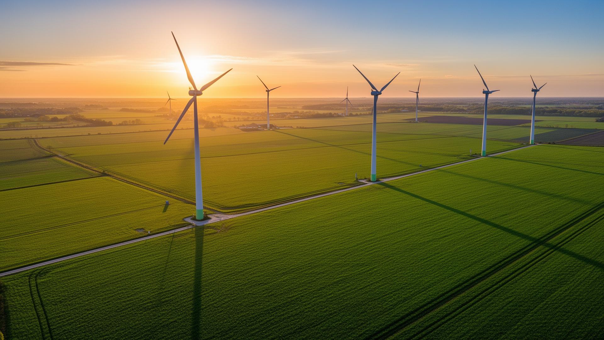 Windmolens in groen Nederlands landschap bij zonsopgang